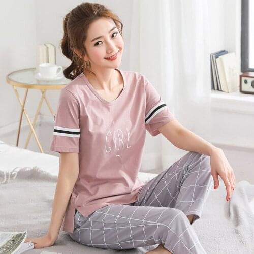 Summer Cotton Women Pajamas Set Short Tops+Long Pants Two Pieces Set Womens Pyjamas Loose Plus Size M-5XL Female Sleepwear