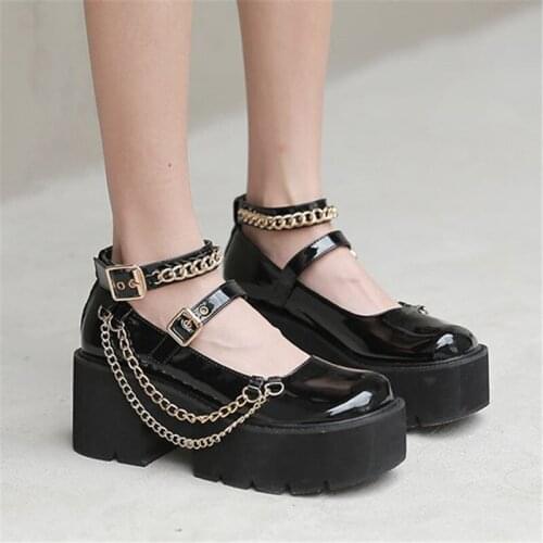 PXELENA 2021 Fall Metal Chain Buckle Women Cosplay Gothic Lolita Shoes Patent Leather Chunky Platform High Heels Punk Rock Pumps