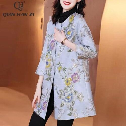 Qian Han Zi designer fashion embroidery Trench coat vintage Long sleeve jacquard luxury beaded long coat women new winter