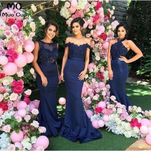 2018 Navy Blue Mermaid Bridesmaid Dresses Long with ABC Design Formal Wedding Party Dress Elastic Satin Women Bridesmaid Dress