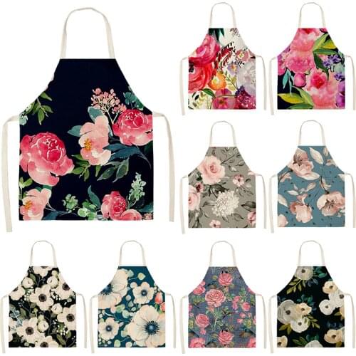 1Pcs Flower Pattern Colorful Cotton Linen Aprons 53*65cm Home Cleaning Cooking Kitchen Apron Cook Wear Adult Bibs Pinafore 46286