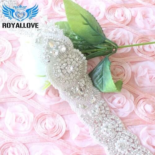 18.0"Long Iron On Bling rhinestone Pearl applique for Wedding Dress Crystal Clear Sliver Bridal Applique Decorative Sash Trim