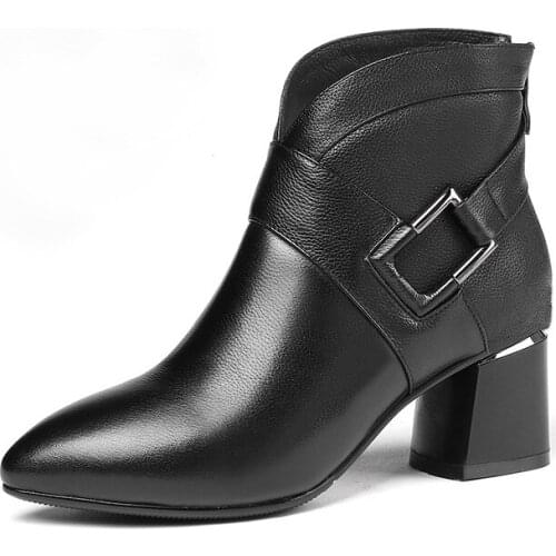2020 Winter Pointed New Womens Shoes Mature Casual Fashion Back Zipper Thick Heel Metal Decorative Female PU High Heels B22-39