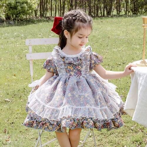 2021 Summer Baby Girls Short Puff Sleeve Dress Floral Ruffles Lolita Princess Dress For Birthday Party Kids Children Clothing