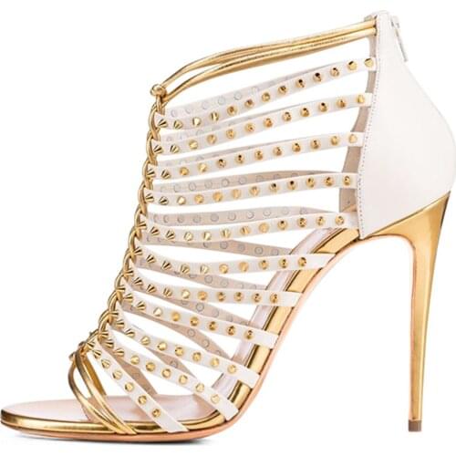 Summer Metal Rivets Studs Straps Sandals Stiletto Heel Female Peep Toe Braided Patchwork Hollow Out Booties Evening Party Shoes