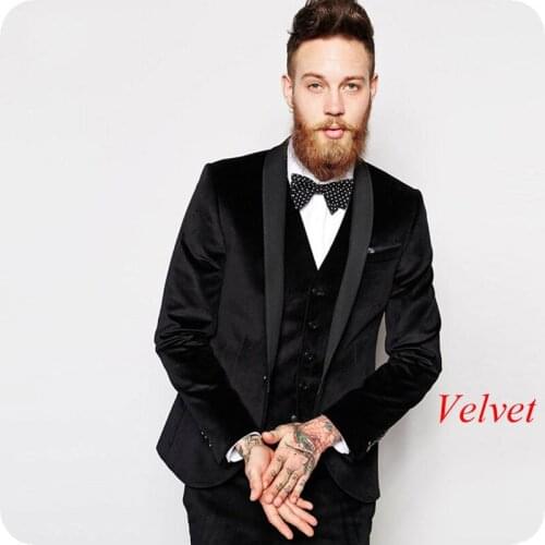 Black Velvet Groom Wedding Suit Smoking Jacket Men Suits Shawl Lapel Tailored Prom Evening Dinner Man Suit Pants 3Piece Ternos
