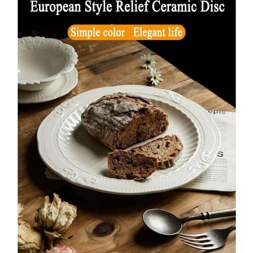 Dessert White Ceramic Service Dish Round Flat Plate Anaglyph Household Breakfast Tray Western Food Cutlery Retro European Style