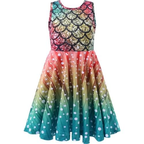 Kids Girls Princess Mermaid Dress Summer Sleeveless Fish Scales Printed A-line Dress Children Halloween Cosplay Party Dress Up