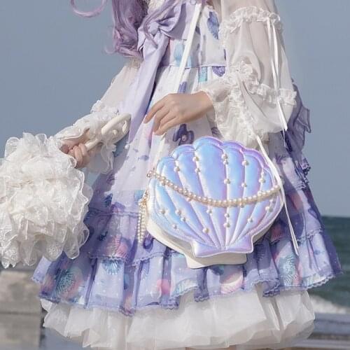 Womens PU Laser Pearl Sea Shell Shape Handbag Shoulder Bag 20CM 15CM Doll Transparent Messenger Bag Gift Harajuku Lolita Itabag