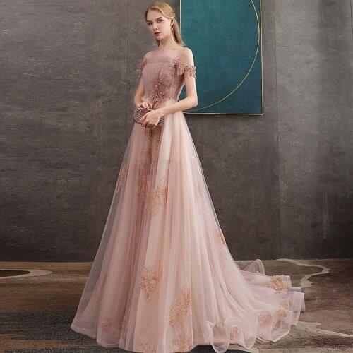 Elegant Boat-Neck Evening Dress Hand Made Flowers Beaded A-Line Prom Dress Refinement Lace Appliqe Party Dress Real Photo