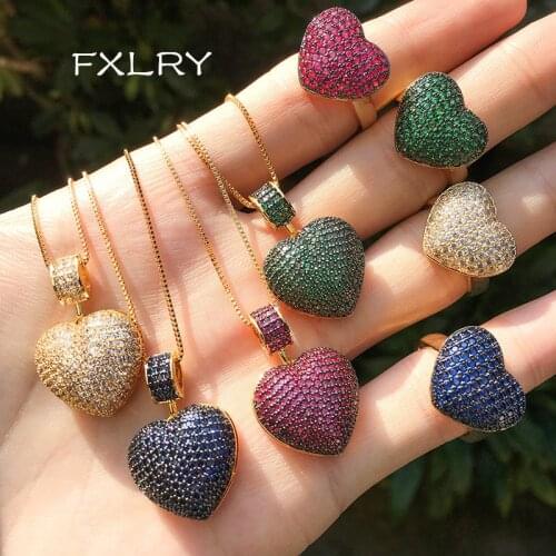 FXLRY Elegant Heart Shape Paved Micro Multicolor Zirconia Rings Pendant Necklaces Fashion Jewelry Sets For Women Jewelry