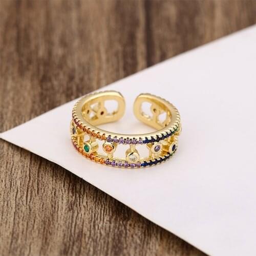 Exquiste Womens gold cz ring adjustable rainbow ring Wedding rings Multicolored crystal copper ring jewelry gift for women