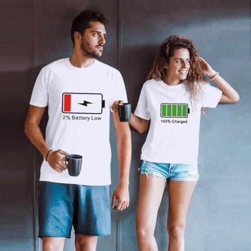 King Queen Couples T Shirt Battery Low Print Couple Tshirt Summer Fashion Woman T-shirt Casual O-Neck Tops Lovers Tee Shirt