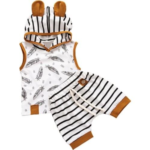 Infant Newborn Kids Baby Boy Girl Clothes Set Sleeveless Striped Hooded T Shirt Top Shorts Boys Outfit Clothes