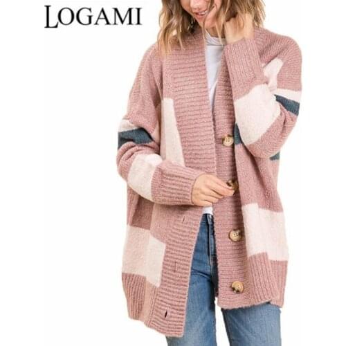 LOGAMI Autumn and Winter Stripes Cardigans Color Matching Button Sweater Cardigan Knitted Long Coat