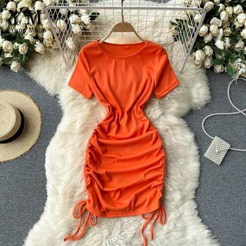 YuooMuoo Fashion Ruched Bodycon Party Dress for Women Short Sleeve Casual T Shirt Mini Dress Club Wear Slim Skinny Dresses Mujer
