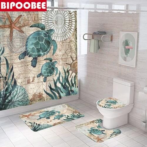 Sea Turtle Shower Curtains Funny Ocean Animal Blue Teal Turtle Beach Bathroom Decor Non-Slip Rugs Toilet Lid Cover and Bath Mat