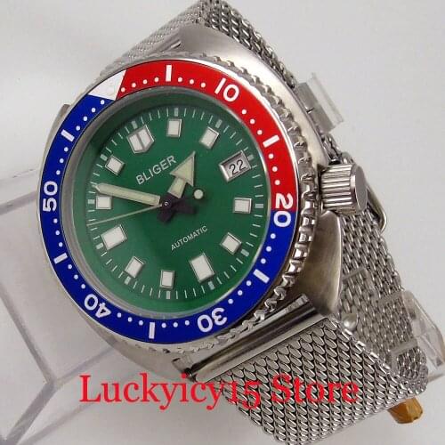 BLIGER 45mm Green Self Winding Men Watch 24 Jewels NH35A Movement Rotating Bezel Sapphire Glass Date Display