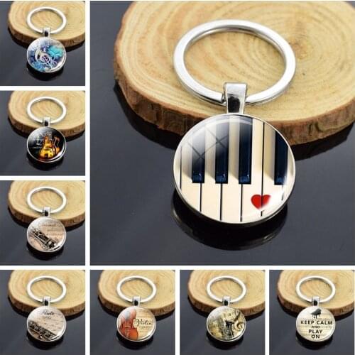 Musical Instrument Piano Guitar Clarinet Flute Music Double Face Glass Cabochon Keychain Music Note Metal Keyring Christmas Gift