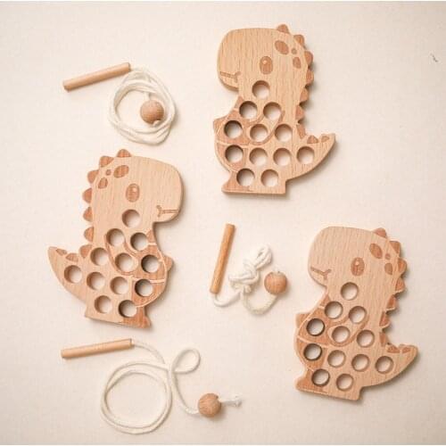 Montessori Educational Wooden Toys Beech Wooden Sewing Toys Dinosaur Button Beaded Blocks For Boys Girls Products