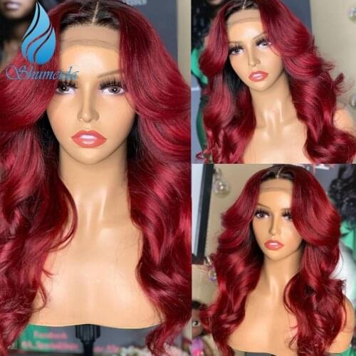 Shumeida Ombre Red Color 13*4 Lace Front Wigs Pre Plucked Hairline Peruvian Body Wave Remy Hair Human Hair 4*4 Wigs for Women