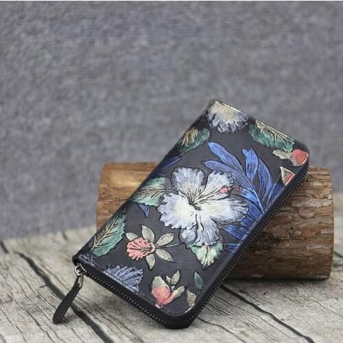 Luxury Genuine Leather Women Wallet Fashion Flower Print 100% Real Cow Leather Women Purse Multi-function Zipper Handmade Wallet