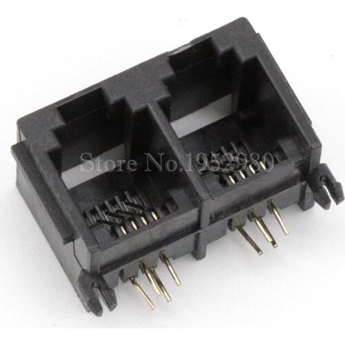 20PCS/LOT RJ45 Network Jack 6P4C 1*2 Female Conjoined Socket 2 Ports BLACK 4Pins