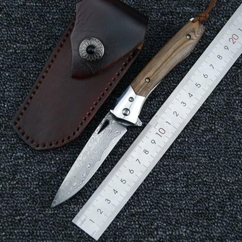 LEMIFSHE flipper folding knife VG10 Damascus steel blade serpentine wooden handle + steel handle camping outdoor fruit knife EDC