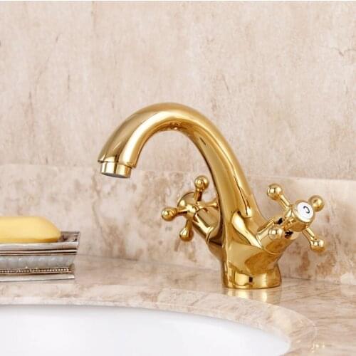 2016 Torneira Para Banheiro Bathroom Sink Faucet Fashion Copper Gold Counter Basin Hot And Cold Faucet Antique Plated Double