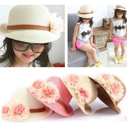 Kids Hats Girls Summer Fashion Flower Straw Cap Breathable Sunproof Sun Hat Beige White Pink Khaki