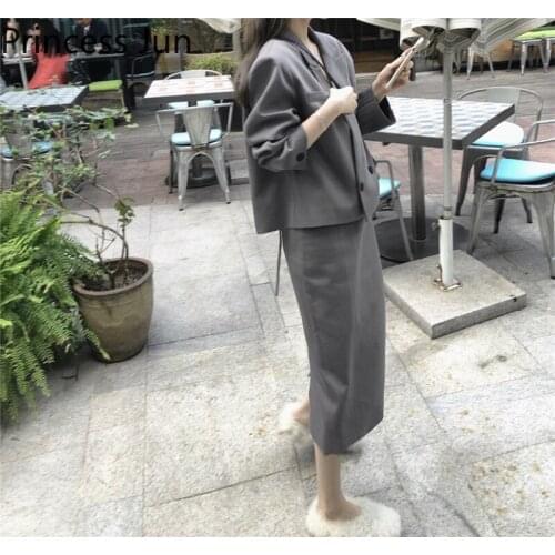 Womens Two Piece Suit Preppy Style Long Casual Blazer Jacket&High Waist Straight Skirt Sets Vintage Chic Lady 2 Piece Outfits