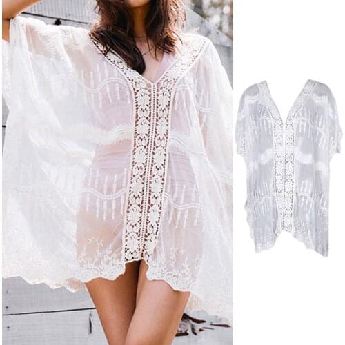 Women Sexy Hollow Crochet Floral Lace Bikini Cover Up Backless Sheer Beach Dress