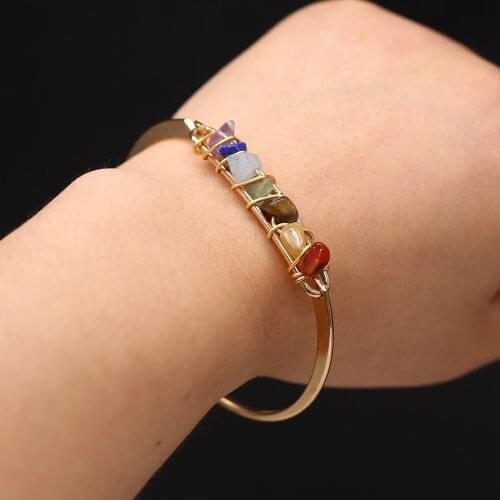 Reiki Heal 7 Chakras Natural Stone Energy Cuff Bangles Gold plated Bangle Jewelry for Women Wedding Party Gifts