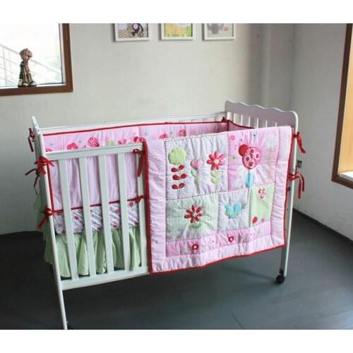 Promotion! 4PCS embroidery 100% cotton Baby Cot Bedding Set for Girls Crib Cot Quilt ,include(bumper+duvet+bed cover+bed skirt)