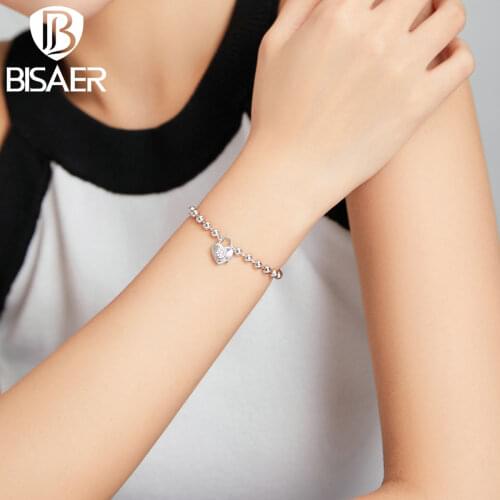 Bisaer Real 925 Sterling Silver Bead Chain Bracelet Zircon Chain Braceltes For Women Silver Wedding Fine Jewelry Gift ECB203