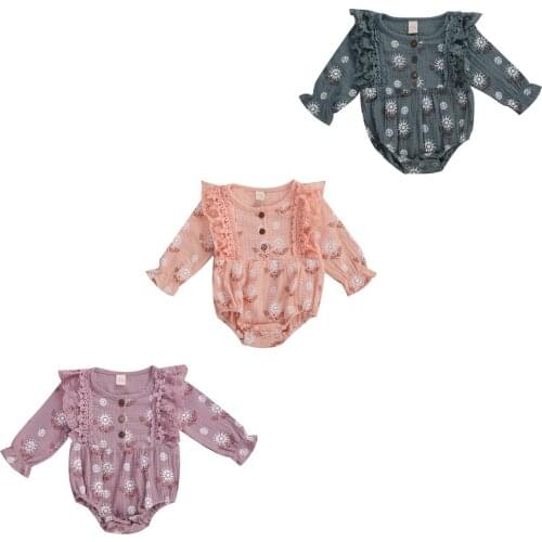 0-24M Autumn Newborn Infant Baby Girls Summer Casual Long Sleeve Romper Flowers Button Outfit Button-Down Lace Ruffle Rompers