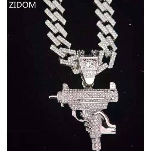 Men Women Hip Hop Iced Out Bling submachine gun Pendant Necklace 13mm rhombus Cuban Chain HipHop Necklaces Fashion Charm Jewelry