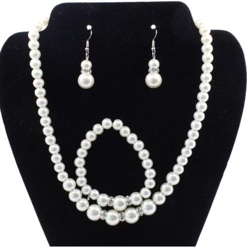 Elegant White Faux Pearl Necklace Earrings and Bracelet Pearl Beaded Chain Drop Earrings Costume Jewelry Set for Women