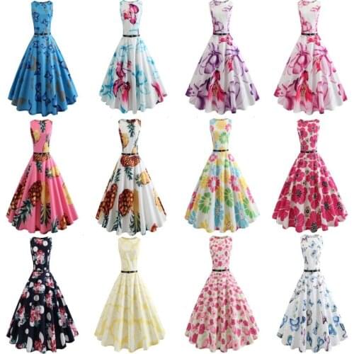 European and American Women retro Hepburn Style Dress Ladies Sleeveless Waist Floral Dress with Belt