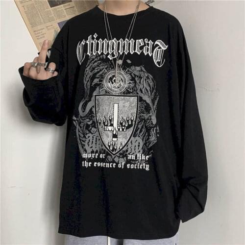 Autumn Korean Street Hip-hop Printed Loose Large Size Long-sleeved Oversized T Shirt Men Tshirt Women Couple Trend Goth Tops