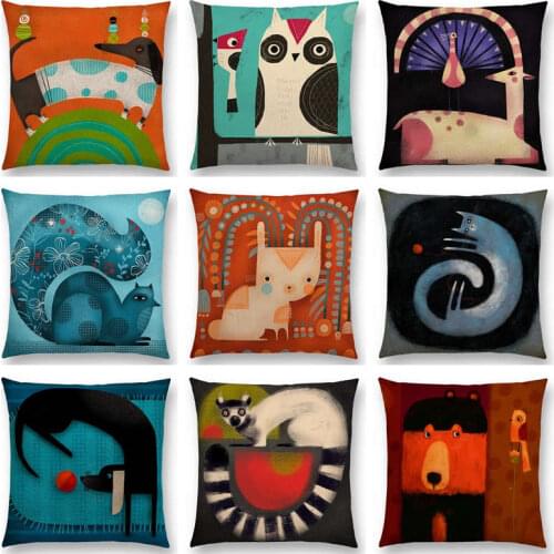 Hot Sale Abstract Fantasy Animals Painting Dachshund Owl Cat Dog Squirrel Rabbit Fox Camel Elephant Cushion Sofa Throw Pillow