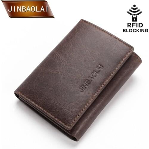 JINBAOLAI Vintage Genuine Leather Wallet Men Trifold Wallets with Coin Pocket with RFID Trifold Design Credit Card Holder Purse