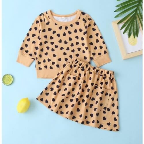 Girls Children Kid Heart Pattern Print Set Long Sleeve Pullover+Skirt Two Piece Baby Girl Autumn Spring Sets Children Clothing