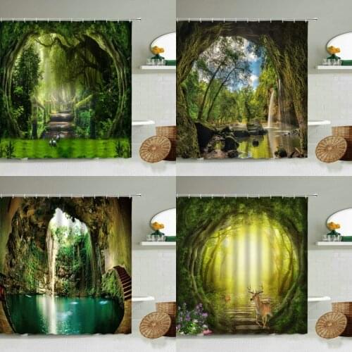 Forest Waterfall Cave Green Plants Flowers Deer Animal Waterproof Shower Curtain Set Summer Natural Landscape Bathroom Curtains