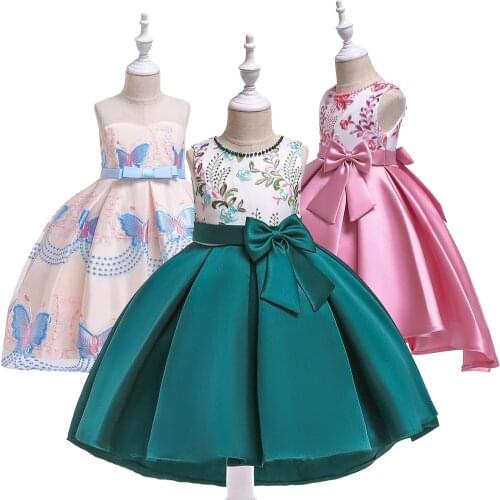Summer Kids Dresses For Girls Wedding Elegant Tutu Frocks Birthday Party Princess Satin Butterfly embroidered Dress Vestidos