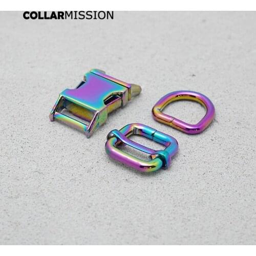 15mm Rainbow Metal Plated Buckle (Metal Buckle+ Adjust Buckle+ D Ring / set) For Backpack Webbing Cat Dog Collar DIY Accessory