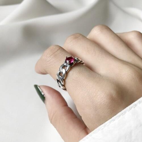 Minimalist Vintage 925 Sterling Silver Retro Curb Chain Solitaire Ruby Diamond Engagement Rings Girls Black Agate Open Ring