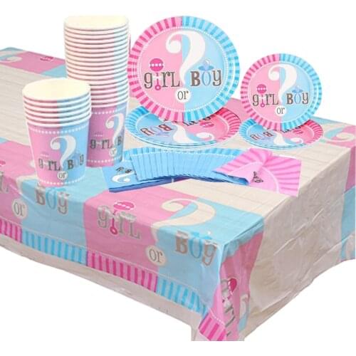 Serve 16 Gender Reveal Baby Shower Party Supplies GIRL OR BOY Tableware Kit Paper Plate Cups Napkin Tablecloth Balloon Set