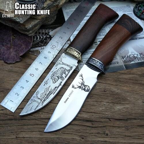 LCM66 Hunting knife retro Tactical Small Fixed Knives,Copper head+solid wood handle Survival Knife,Camping Rescue Portable knife