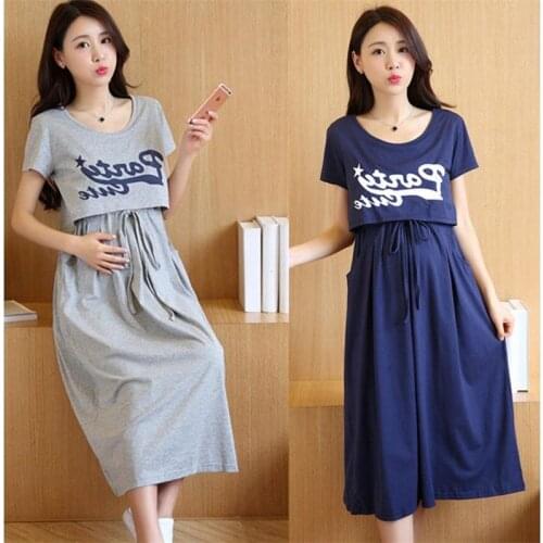 SLYXSH Maternity Dress Breastfeeding Two-piece Suit Short-sleeved Maternity Clothes For Pregnant Women Long Korean Skirt